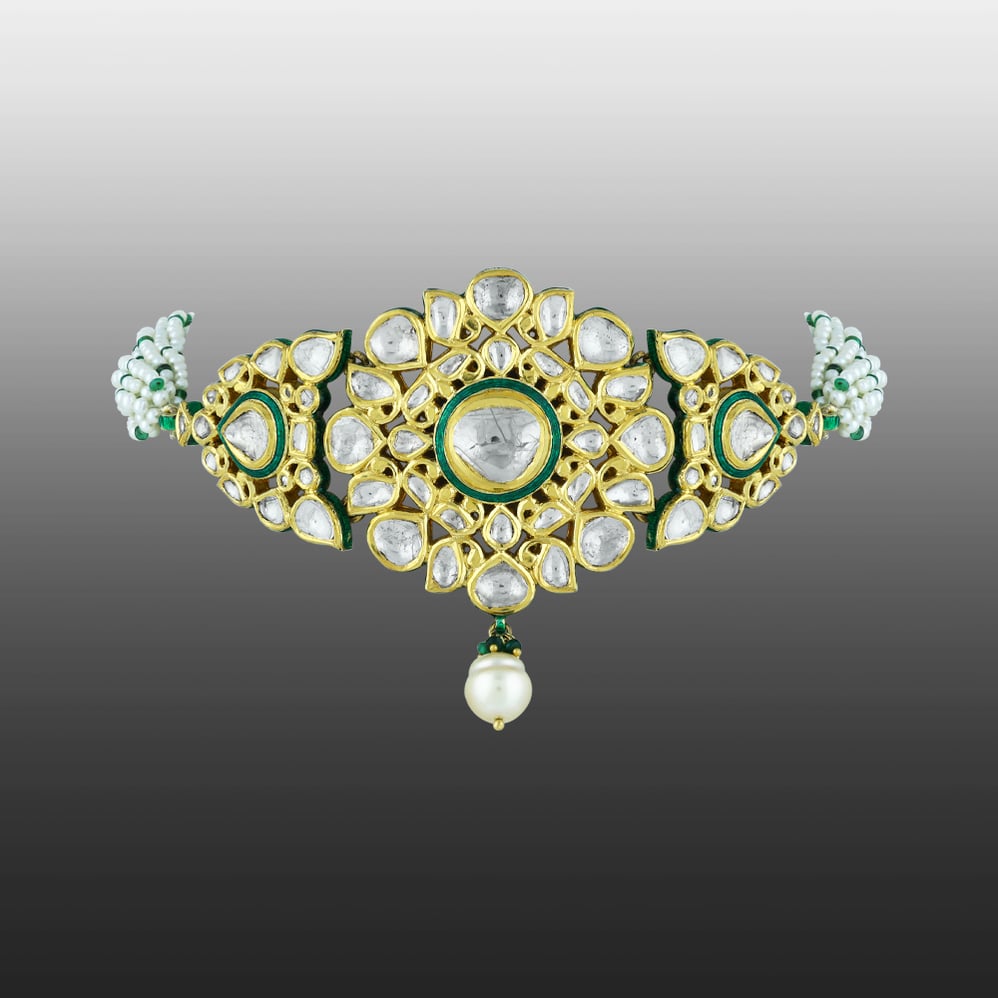 Floral Polki Choker with Green Enamel & Pearl Strands
